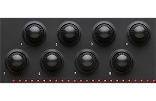 detail image of PreSonus Atom SQ top panel showing assignable rotary encoders