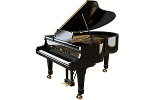 three-quarters view of grand piano showing right side, front and top