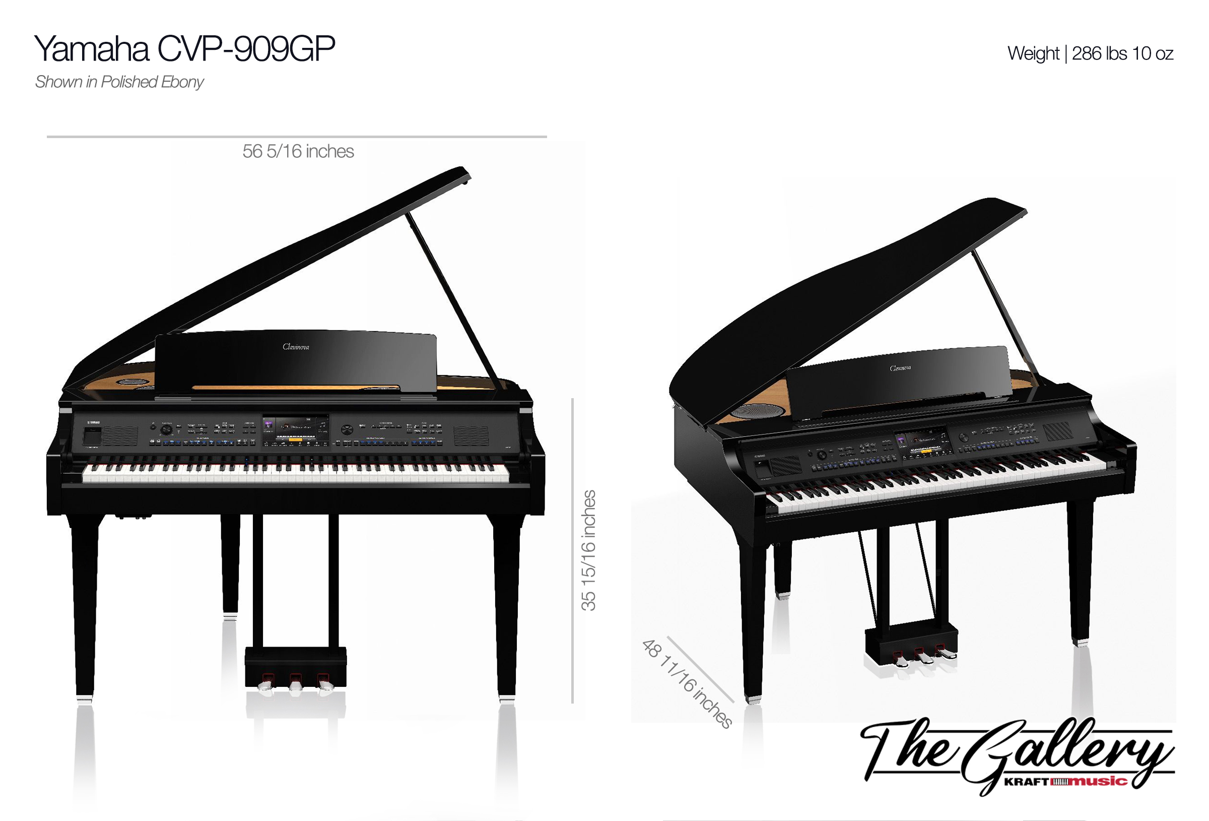 Yamaha CVP-909GP: weight 286 lbs 10 oz, height: 35-15/16 inches, depth: 48-11/16 inches, width: 56-5/16 inches