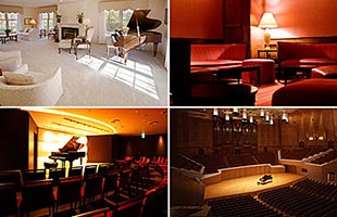 collage of four different acoustic environments including living room, lounge, recital room and concert hall