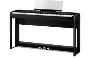 3/4 view of Kawai ES920 digital piano with matching stand and triple pedal unit showing front, top and right side