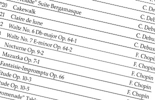 cropped detail image of list of piano songs included on Korg G1B Air digital piano