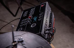 top view of GEWA G5 Drum Module mounted on rack in drum kit