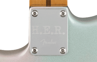 detail image of Fender H.E.R. Stratocaster back showing custom neck plate