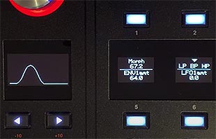 detail top view of ASM Hydrasynth Keyboard Master Control section with OLED screens displaying filter parameters