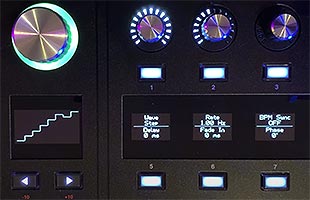 detail top view of ASM Hydrasynth Desktop/Rack Master Control section with OLED screens displaying LFO parameters