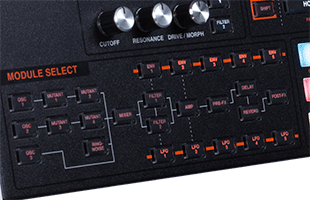 detail top view of ASM Hydrasynth Desktop/Rack showing Module Select control section