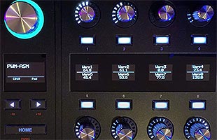 detail top view of ASM Hydrasynth Desktop/Rack Master Control section with OLED screens displaying Mutator parameters