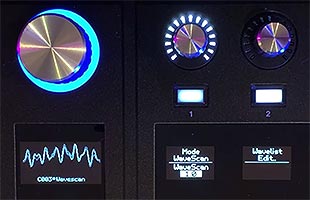 detail top view of ASM Hydrasynth Desktop/Rack Master Control section with OLED screens displaying oscillator parameters