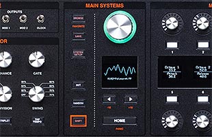 detail top view of ASM Hydrasynth Keyboard showing Main Systems control section