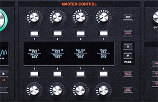 detail top view of ASM Hydrasynth Keyboard showing Master Control section