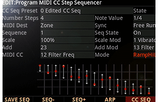 screenshot from Kurzweil K2700 showing MIDI CC sequencer interface