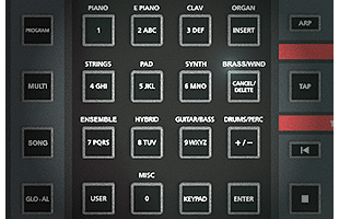 detail image of Kurzweil K2700 control panel showing sound selection category buttons