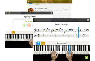 collage of screen images from Skoove online piano lesson software