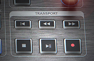 detail image of Kurzweil PC4-7 panel showing transport control buttons