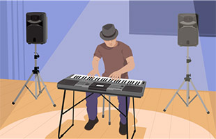 illustration of musician wearing hat on stage playing Yamaha PSR-I500