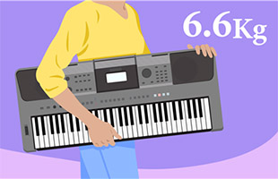 illustration of musician carrying Yamaha PSR-I500 with overlaid text indicating 6.6 Kg product weight