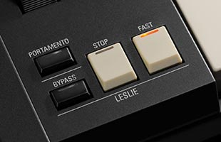 detail image of Hammond SK Pro showing Leslie control buttons