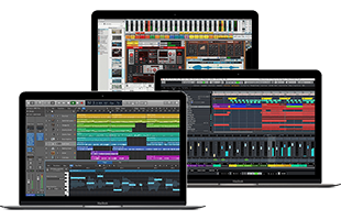 collage image of three overlapping laptop computers running music recording software