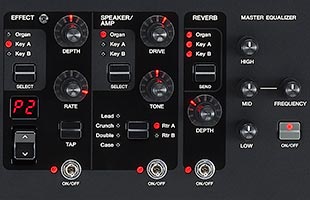 detail image of Yamaha YC73 control panel showing effects controls